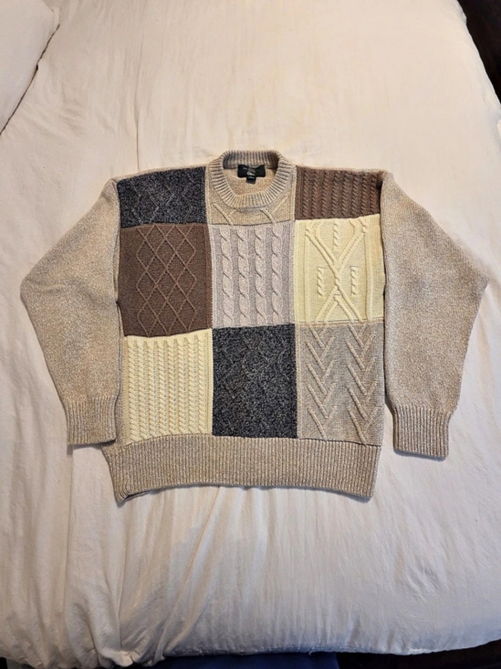 90's Vintage Patchwork Cable-Knit Cotton Sweater Brown & Cream Large